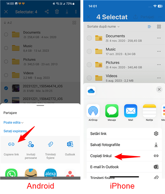 ApasÄ pe CopiaÈi linkul pentru a partaja fotografiile cu OneDrive