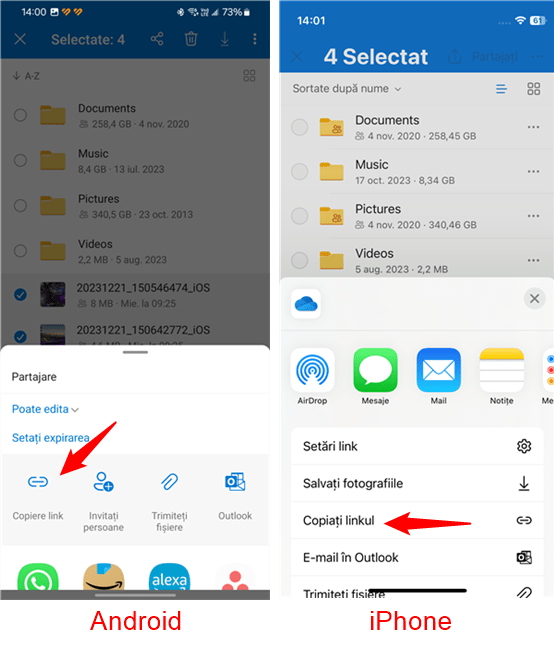 ApasÄƒ pe CopiaÈ›i linkul pentru a partaja fotografiile cu OneDrive