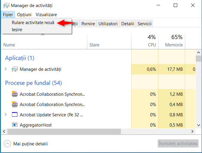 ÃŽn Managerul de activitÄƒÈ›i, acceseazÄƒ FiÈ™ier > Rulare activitate nouÄƒ.
