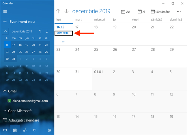 Dacă apeși pe un eveniment din Agendă, se poate deschide calendarul lunii curente