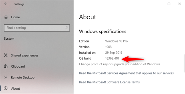Windows 10 Pro, versiunea 1903, build 18362.418