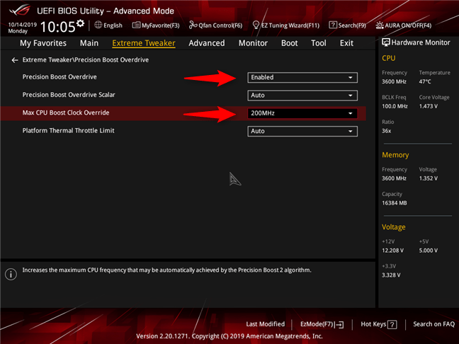 AMD Ryzen 7 3700X: PBO activat și AutoOC Offset setat la 200 MHz