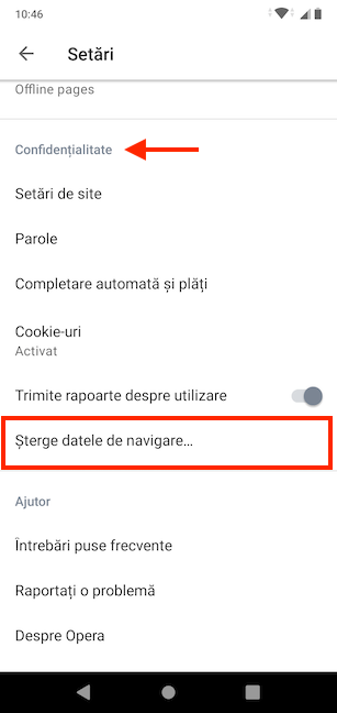 Șterge datele de navigare de sub Confidențialitate