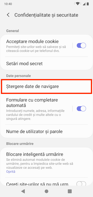 Accesează Ștergere date de navigare