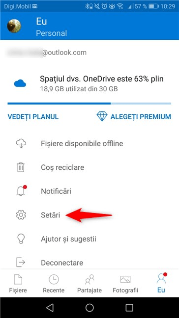 Opțiunea Setări din aplicația OneDrive pentru Android