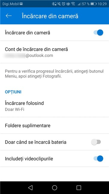 Opțiunile de încărcare din cameră disponibile în OneDrive pentru Android