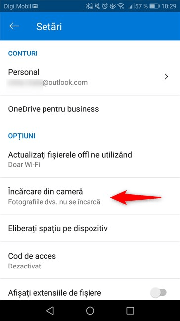 Opțiunea Încărcare din cameră, din aplicația OneDrive