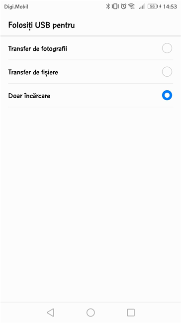 Alegerea de a folosi conexiunea USB pentru diferite lucruri, în Android