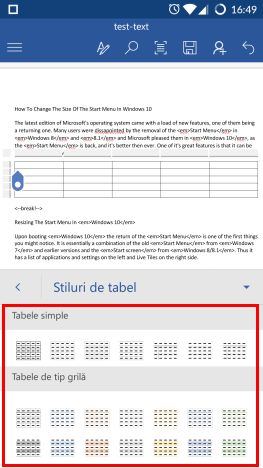 Android, Microsoft, Word, tabele, inserare, editare, modificare, adaugare