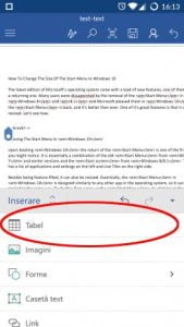 Android, Microsoft, Word, tabele, inserare, editare, modificare, adaugare