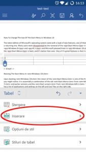 Android, Microsoft, Word, tabele, inserare, editare, modificare, adaugare