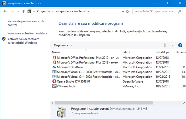 Lista programelor instalate în Windows