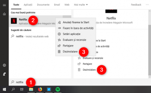 Dezinstalarea unei aplicații utilizând căutarea din Windows 10