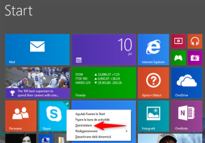 Dezinstalarea unei aplicații de pe ecranul Start din Windows 8.1, folosind un mouse