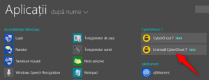 O comandă rapidă de dezinstalare, afișată pe ecranul Start din Windows 8.1