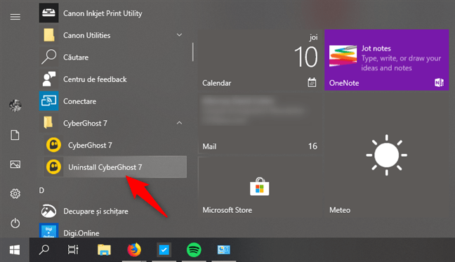 O scurtătură de dezinstalare afișată în meniul Start din Windows 10
