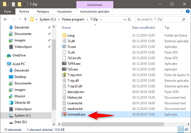 Fișierul executabil de dezinstalare aflat în folderul unui program