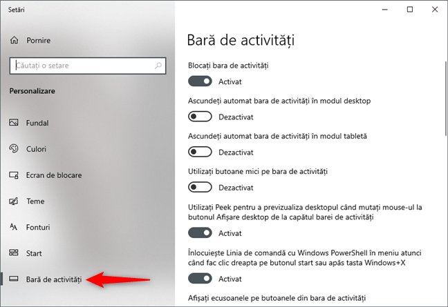 Pagina Bară de activități din Setările Windows 10