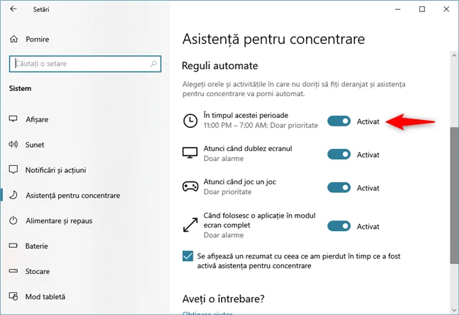 Opțiunea de a bloca notificările din Windows 10 în anumite intervale orare