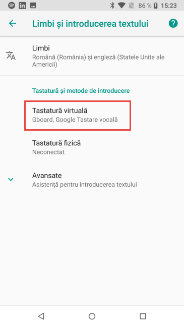Apasă pe Tastatură virtuală în Android 8 Oreo