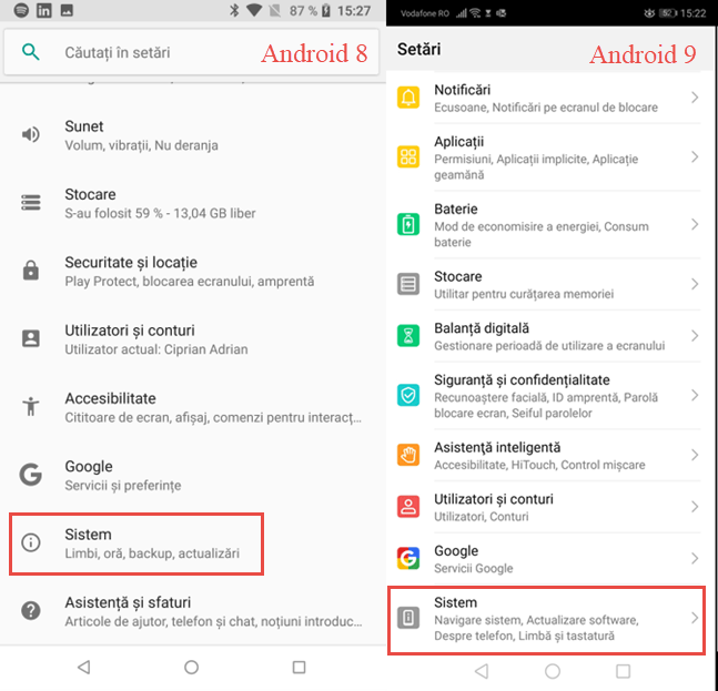 Apasă pe intrarea Sistem în setările Android