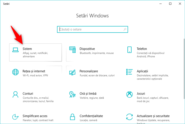 Categoria Sistem din aplicația Setări din Windows 10