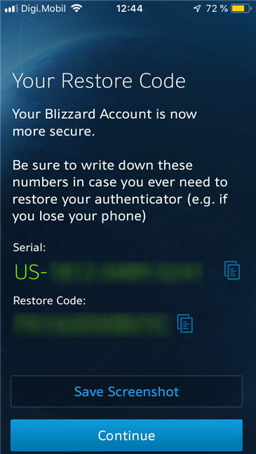 Numărul serial și codul de recuperare afișate de Blizzard Authenticator