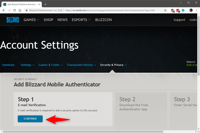 Primul pas pentru activarea Blizzard 2FA este să îți verifici adresa de email