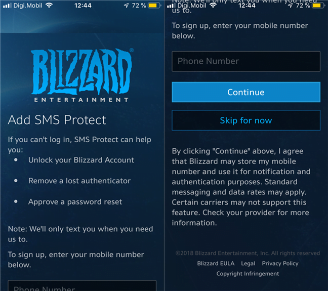 Blizzard Authenticator întrebând utilizatorul dacă vrea să activeze SMS Protect