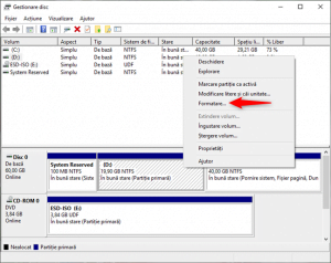 Formatarea unei partiții de Windows, cu Gestionare disc