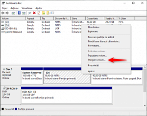 Ștergerea unei partiții de Windows cu Gestionare disc