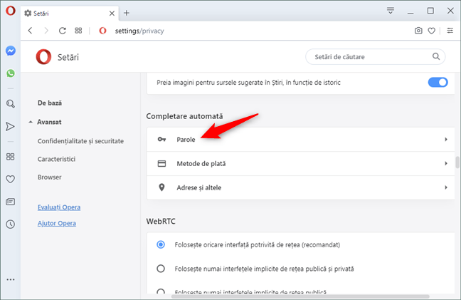 Opțiunile pentru Parole din secțiunea Completare automată