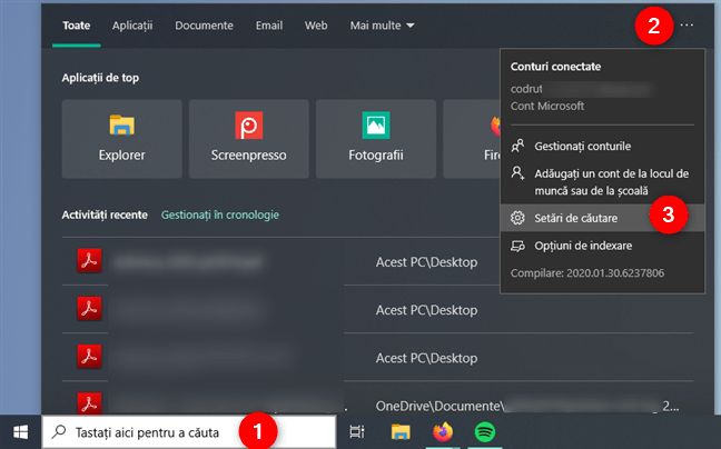 Setările de căutare din caseta Căutare din Windows 10