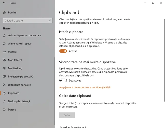 Setările pentru Clipboard din Windows 10