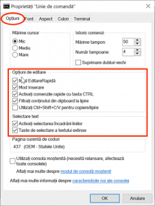 Opțiuni de editare și Selectare text afectează textul