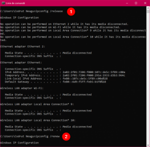 Rularea comenzilor ipconfig /release și ipconfig /renew pentru a reseta adresa IP