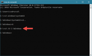Schimbarea unității de stocare și a directorului, în Linia de comandă