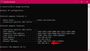 Executarea comenzii ipconfig pentru a identifica adresa IP a router-ului