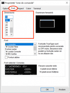 Selectează sau introdu o dimensiune pentru fontul din Linia de comandă