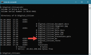 Utilizarea comenzii DIR pentru a vedea conținutul unui director, în Linia de comandă