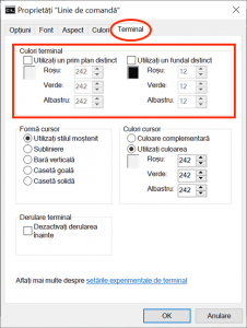 Secțiunea Culori terminal