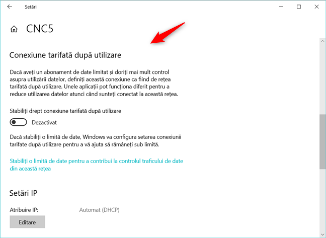 Setările pentru Conexiune tarifată după utilizare din Windows 10