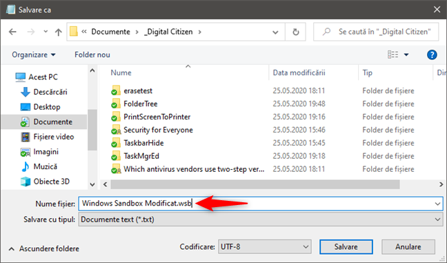 Salvarea unui fișier de configurare pentru Windows Sandbox (.wsb)