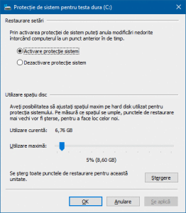 System Restore, Protectie Sistem, configurare, Windows