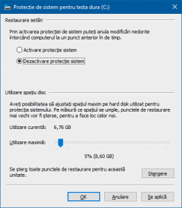 System Restore, Protectie Sistem, configurare, Windows