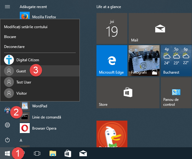 Windows 10, cont, Guest, utilizator