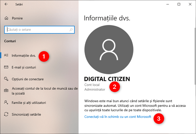 Setările Windows 10 îți arată că folosești un cont local