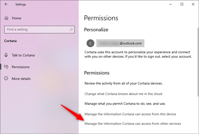 Gestionează informațiile pe care Cortana le poate accesa de la alte servicii