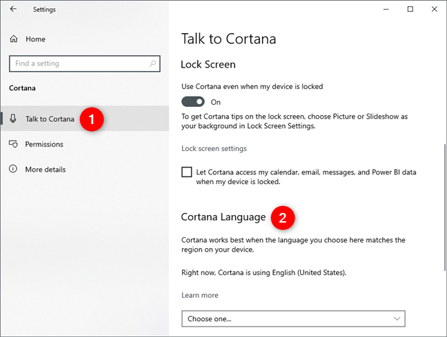 Secțiunea Cortana Language de pe pagina Talk to Cortana