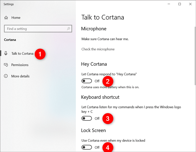 Dezactivează toate comutatoarele de pe pagina Talk to Cortana